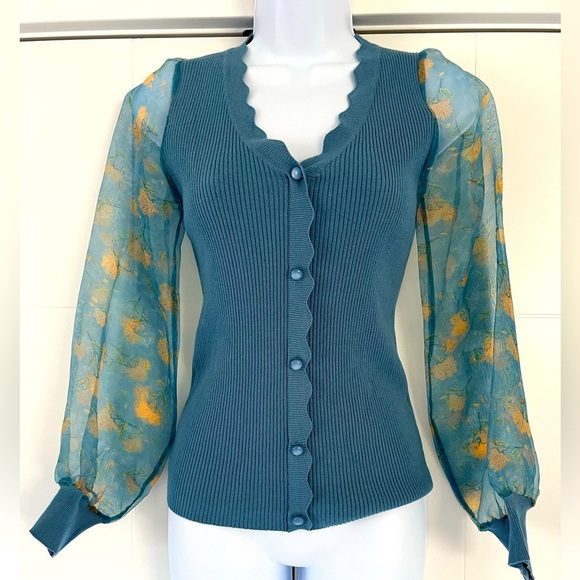 NWT Vila Milano/ Sweater/ Airforce Blue/ Sheer Floral Bubble Sleeves/ Size US XS - Picture 3 of 14